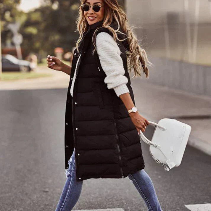 Women's Long Sleeveless Winter Vest with Hood