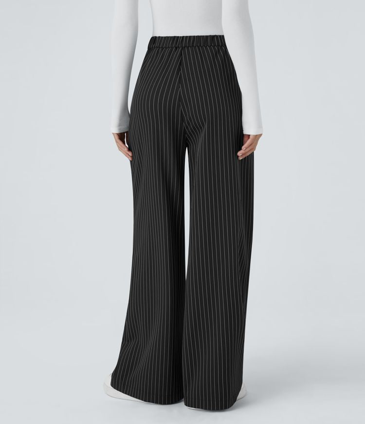 Wide Fluid Striped Tailored Trousers, High Waist, Button and Zipper Closure, Side Pockets