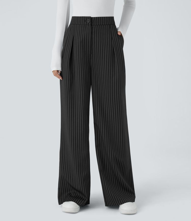 Wide Fluid Striped Tailored Trousers, High Waist, Button and Zipper Closure, Side Pockets