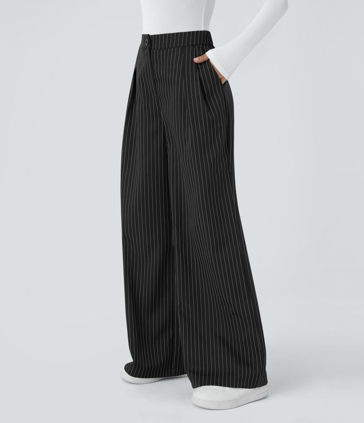 Wide Fluid Striped Tailored Trousers, High Waist, Button and Zipper Closure, Side Pockets
