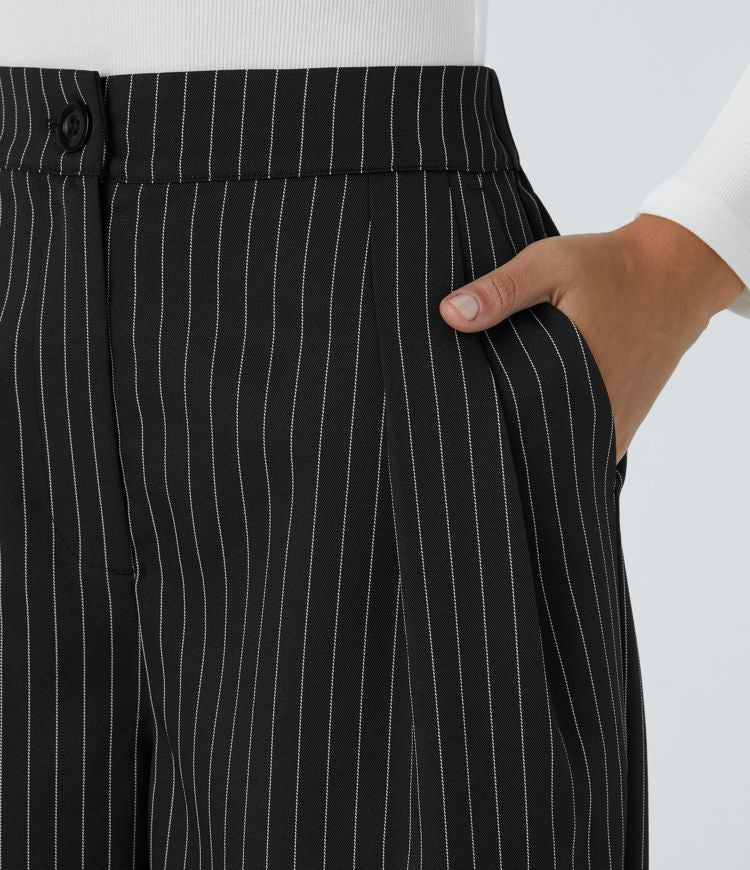 Wide Fluid Striped Tailored Trousers, High Waist, Button and Zipper Closure, Side Pockets