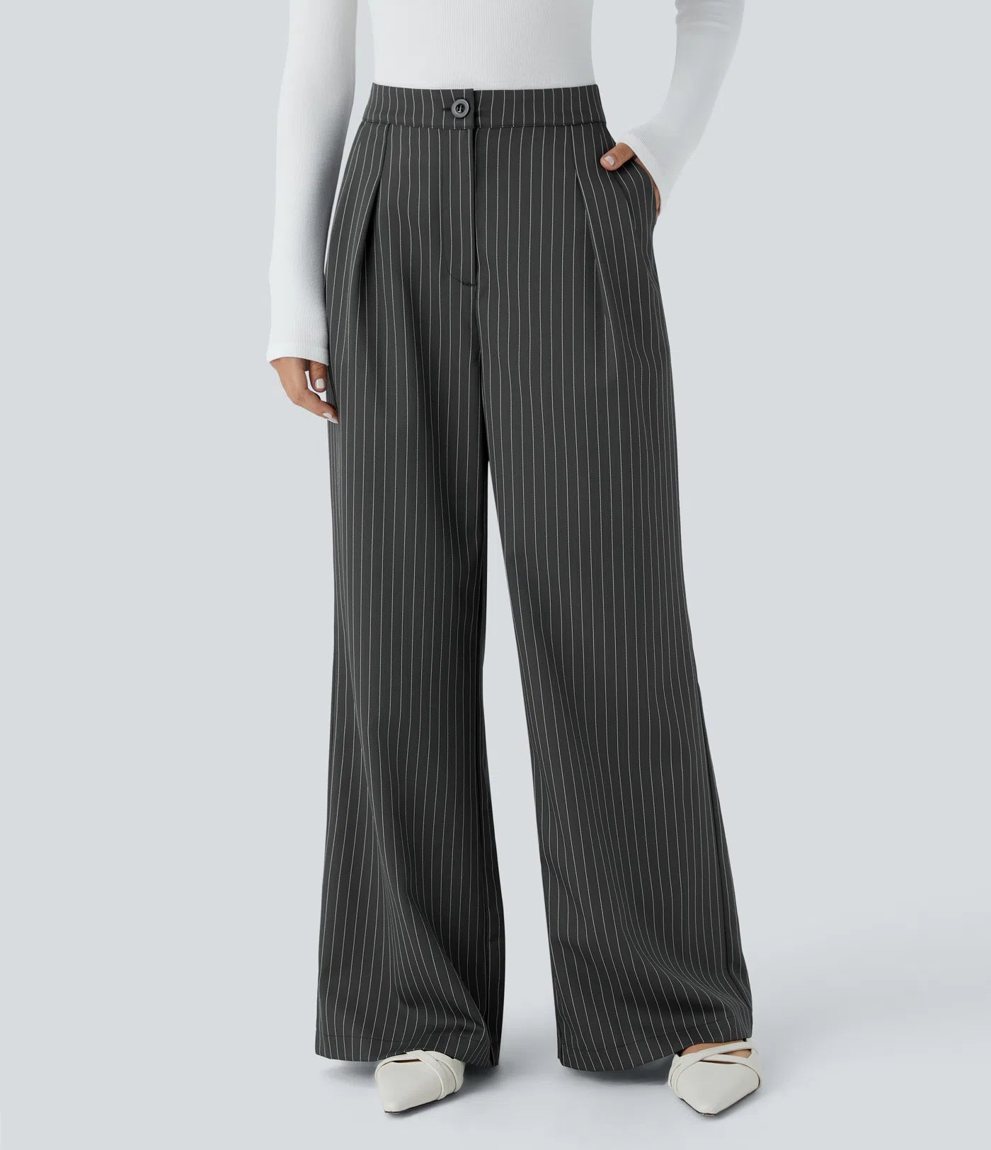 Wide Fluid Striped Tailored Trousers, High Waist, Button and Zipper Closure, Side Pockets