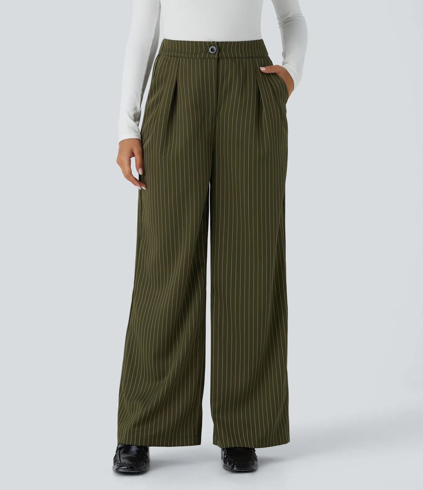 Wide Fluid Striped Tailored Trousers, High Waist, Button and Zipper Closure, Side Pockets