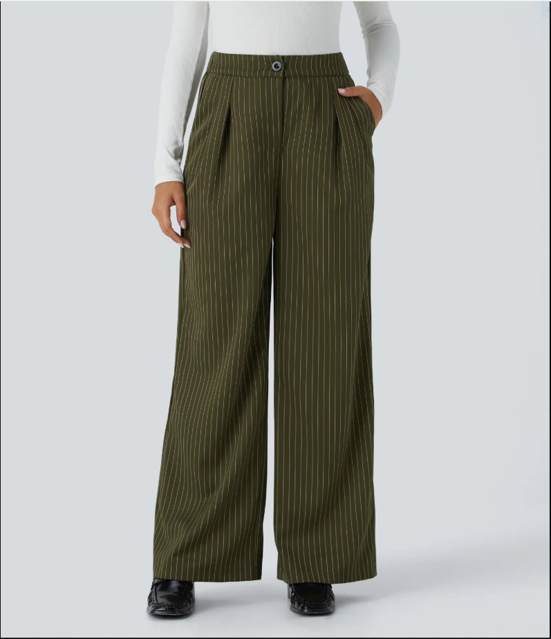 Wide Fluid Striped Tailored Trousers, High Waist, Button and Zipper Closure, Side Pockets