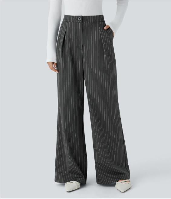 Wide Fluid Striped Tailored Trousers, High Waist, Button and Zipper Closure, Side Pockets