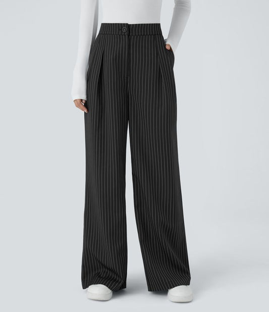 Wide Fluid Striped Tailored Trousers, High Waist, Button and Zipper Closure, Side Pockets