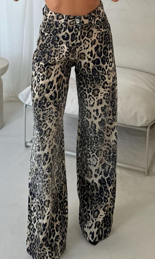 Leopard Diamanté Flared Jeans